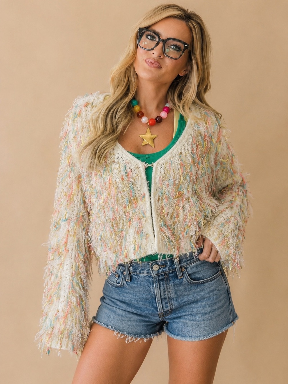 Blue Blush Creme Multicolor Shimmer Shaggy Knit Fringe Cardigan Jacket Sz S Boho